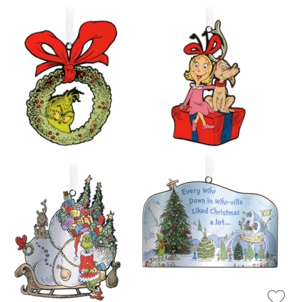 New Hallmark 4pc Dr. Seuss How the Grinch Stole Christmas Metal ornament set